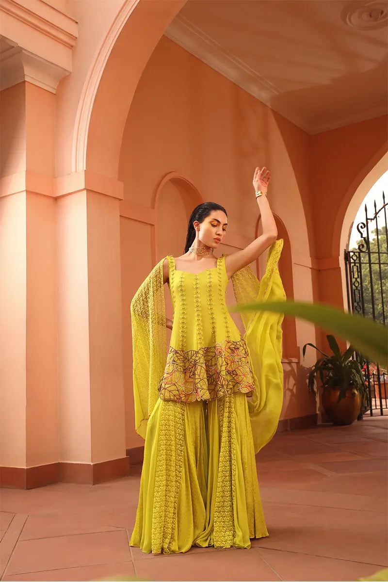 Chartreuse Green Appliqued Leaves Sharara Set