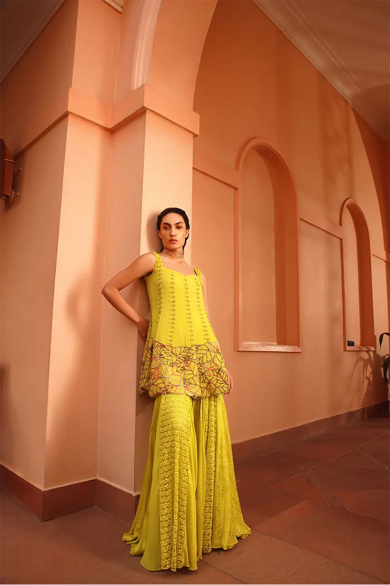 Chartreuse Green Appliqued Leaves Sharara Set