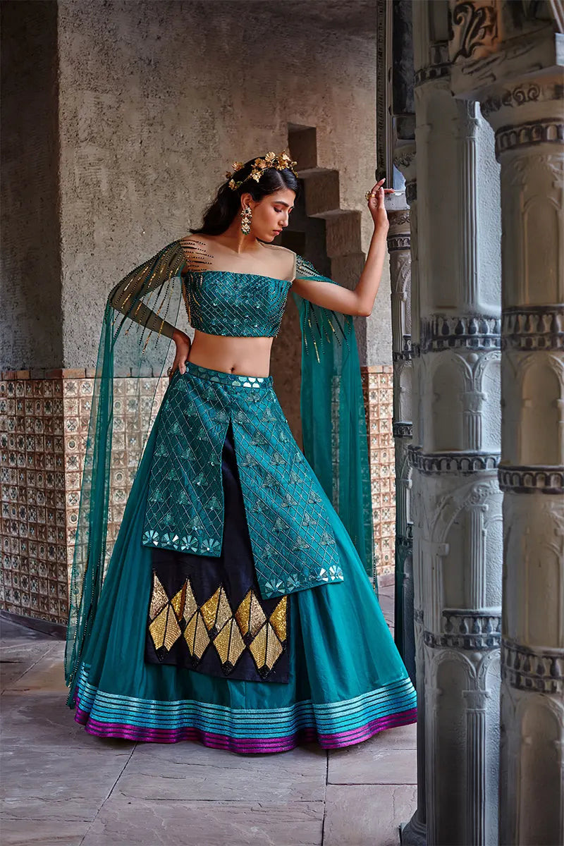 Emerald Green Embroidered Flared Lehenga Set