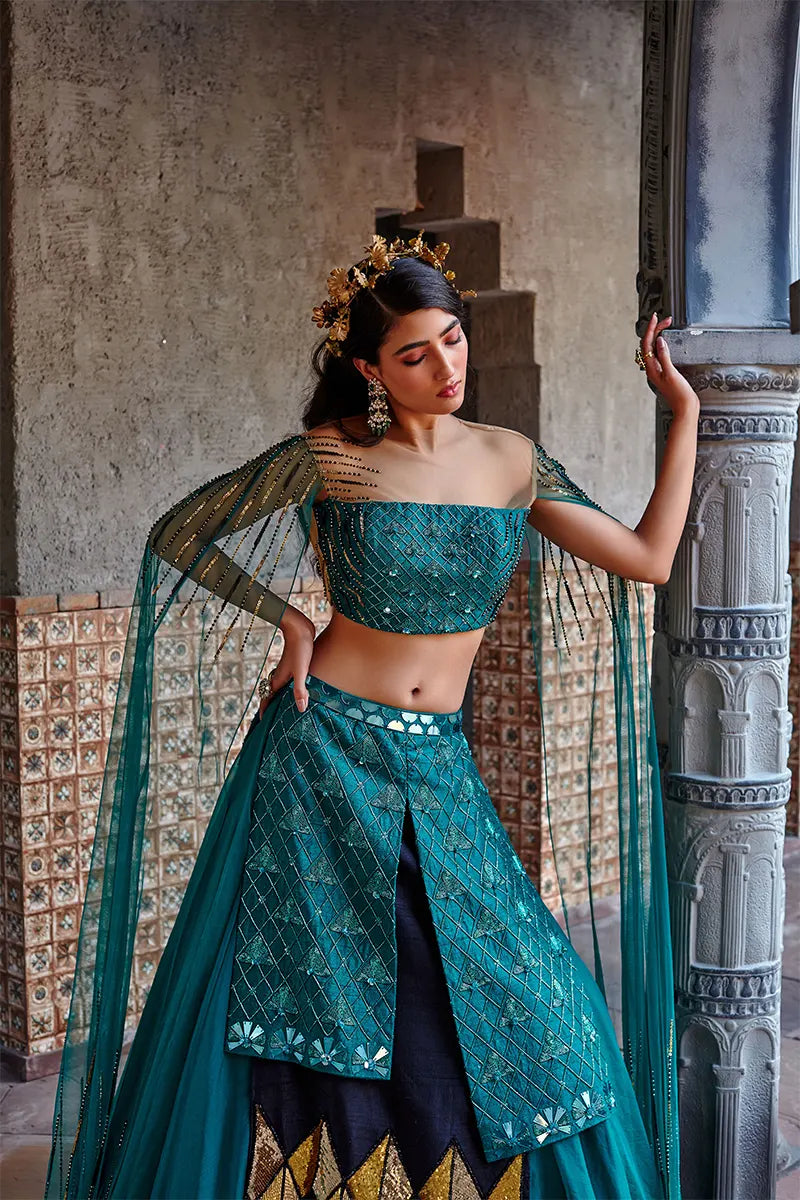 Emerald Green Embroidered Flared Lehenga Set