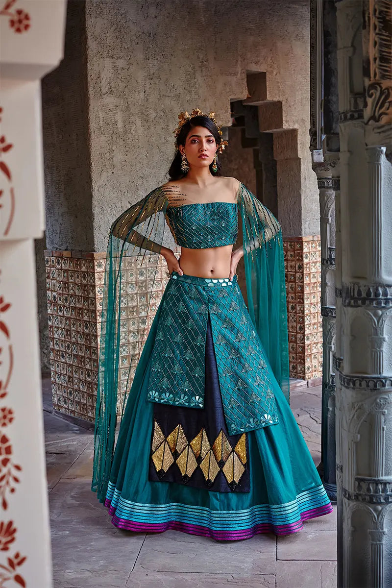 Emerald Green Embroidered Flared Lehenga Set