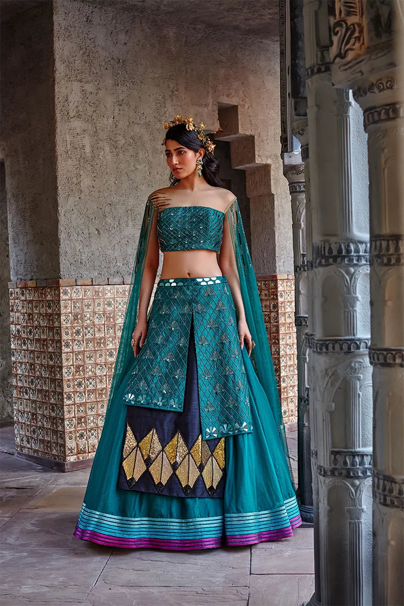 Emerald Green Embroidered Flared Lehenga Set
