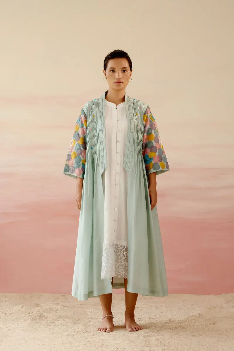 Frosty Green & White Embroidered Jacket Dress