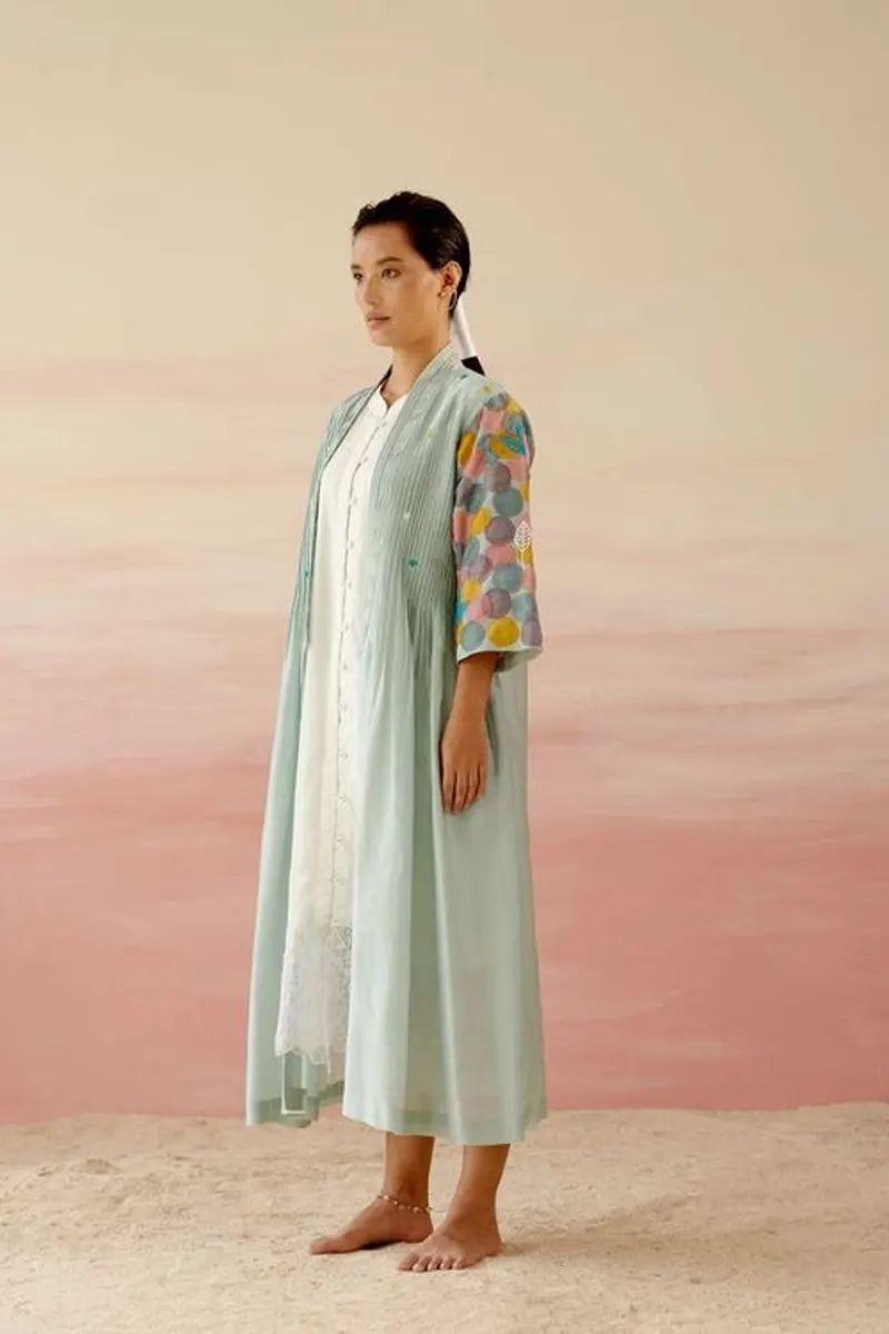 Frosty Green & White Embroidered Jacket Dress