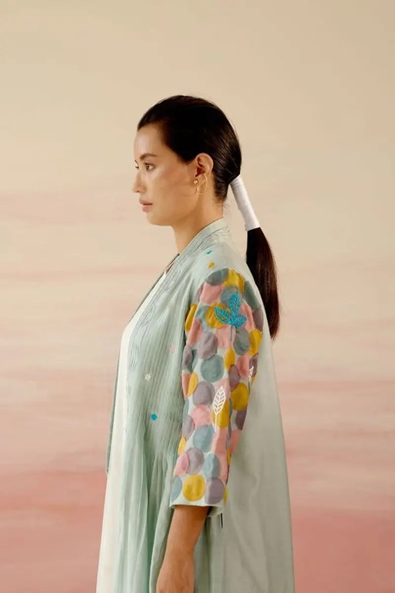 Frosty Green & White Embroidered Jacket Dress