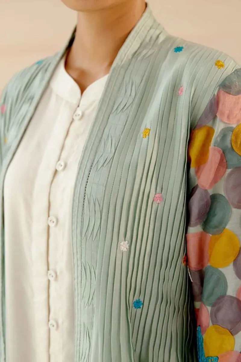 Frosty Green & White Embroidered Jacket Dress