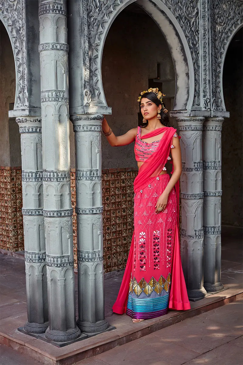 Hot Pink Embroidered Draped Saree Set