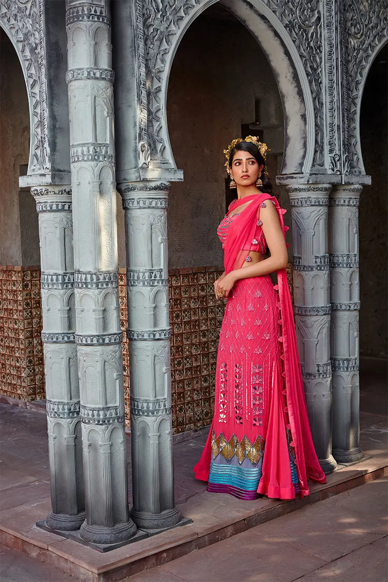 Hot Pink Embroidered Draped Saree Set