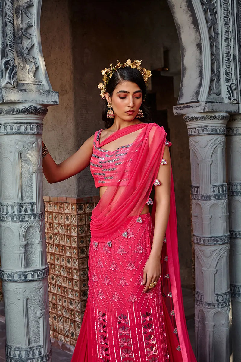 Hot Pink Embroidered Draped Saree Set