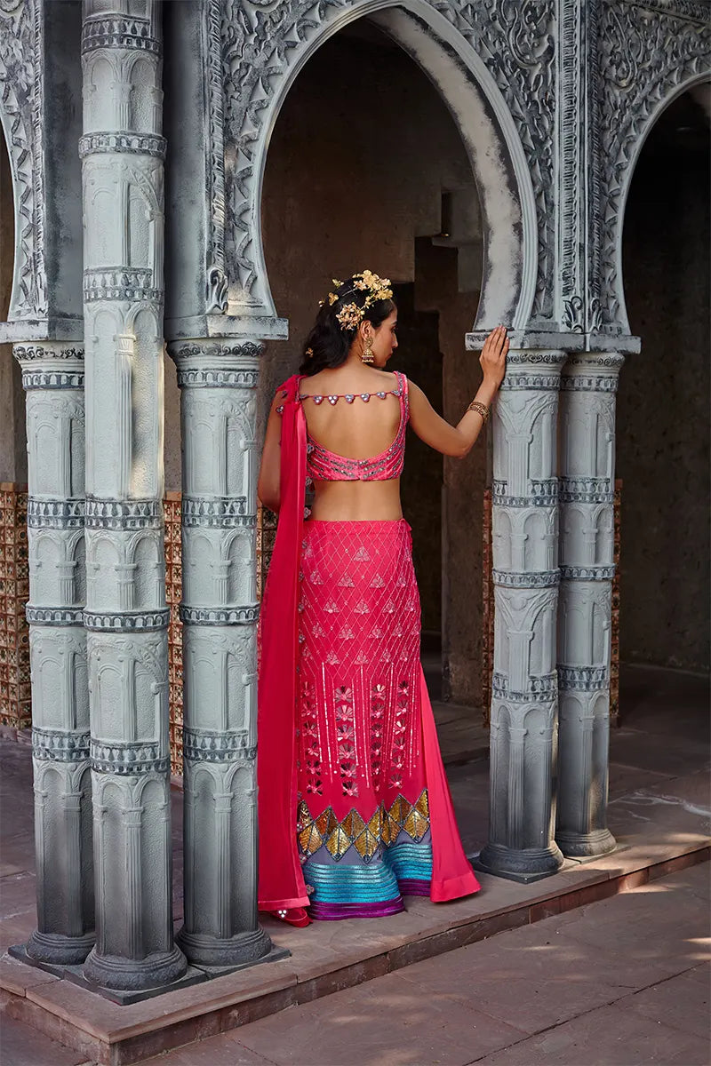 Hot Pink Embroidered Draped Saree Set