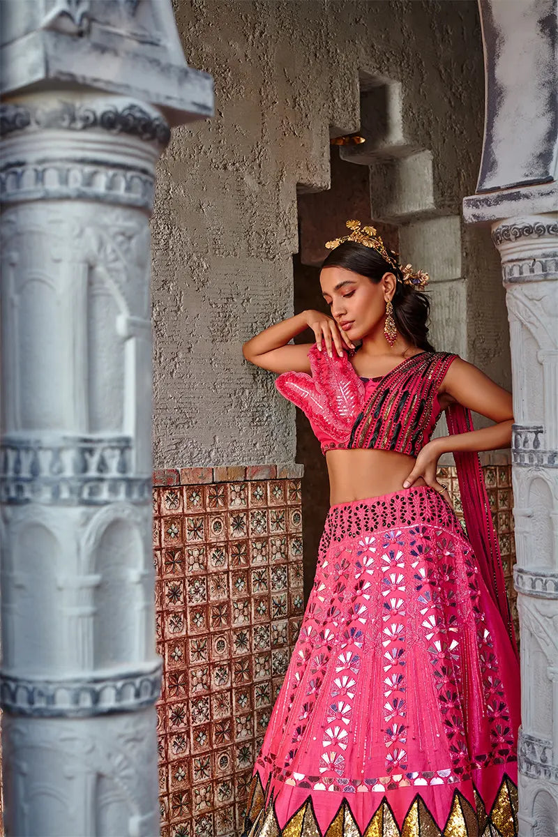 Hot Pink Embroidered Lehenga Set