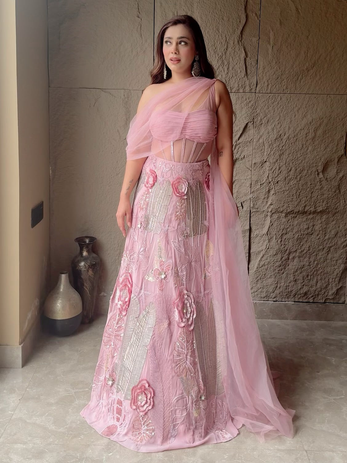 Light Rose Pink Embroidered Lehenga Set