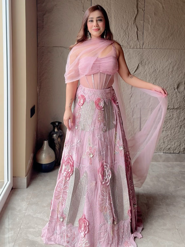 Light Rose Pink Embroidered Lehenga Set