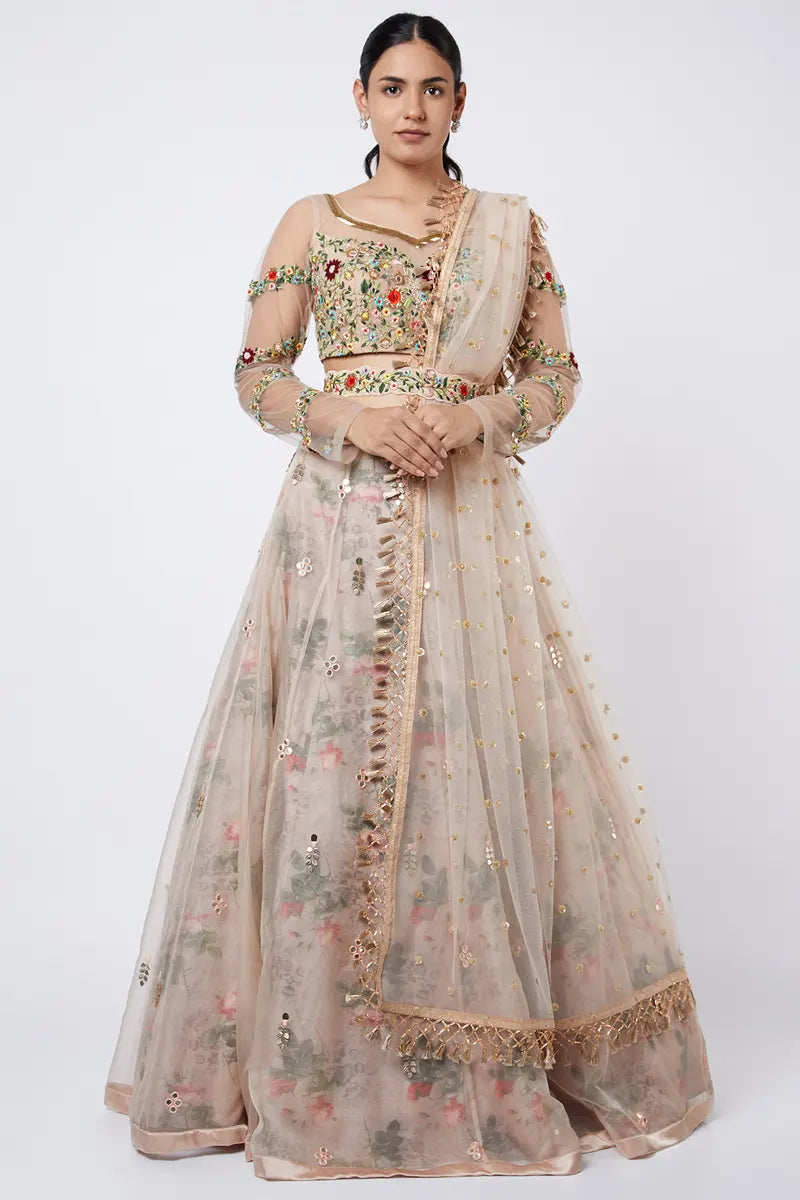 Mugdha in Nude Embroidered & Floral Printed Lehenga Set