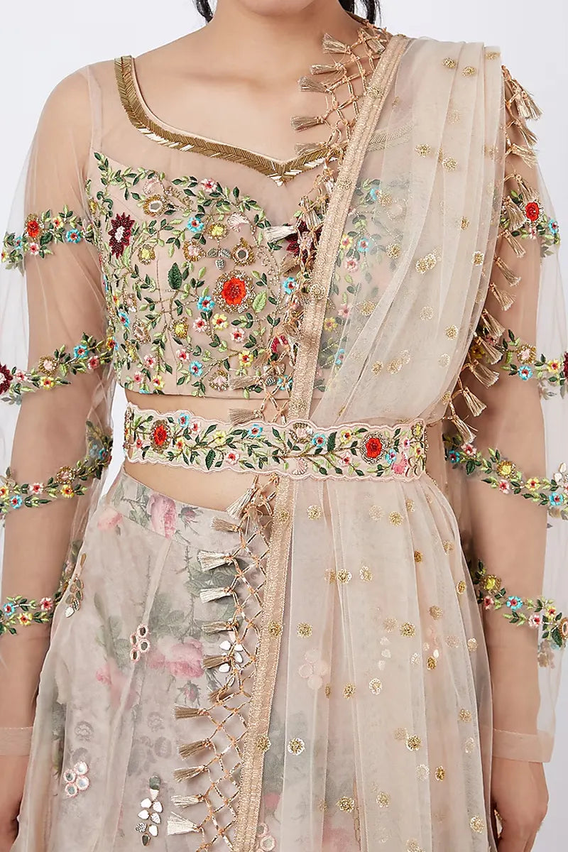 Mugdha in Nude Embroidered & Floral Printed Lehenga Set