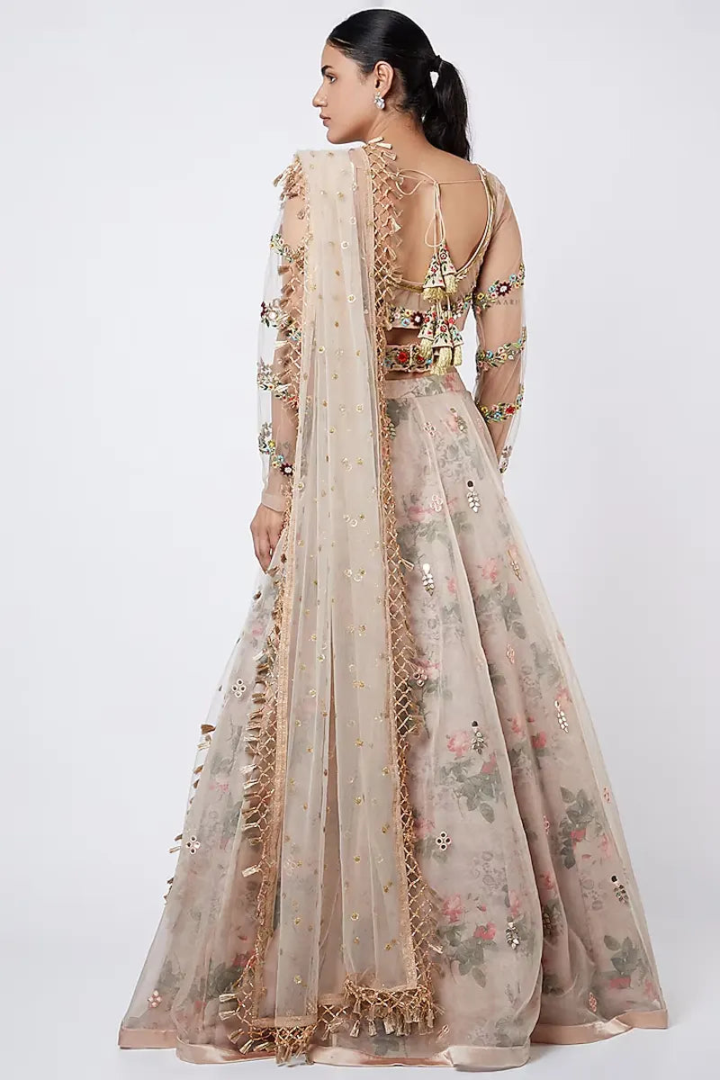 Mugdha in Nude Embroidered & Floral Printed Lehenga Set