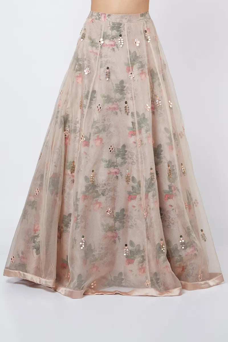 Mugdha in Nude Embroidered & Floral Printed Lehenga Set