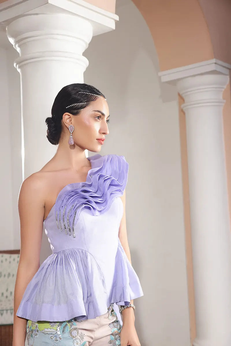 Periwinkle Blue Draped Top with Bejeweled Pants