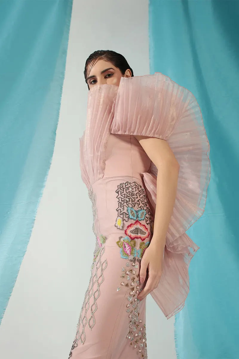 Rose Quartz Pleated Off Shoulder Gown