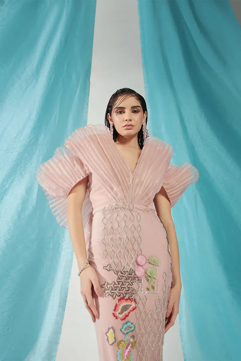 Rose Quartz Pleated Off Shoulder Gown