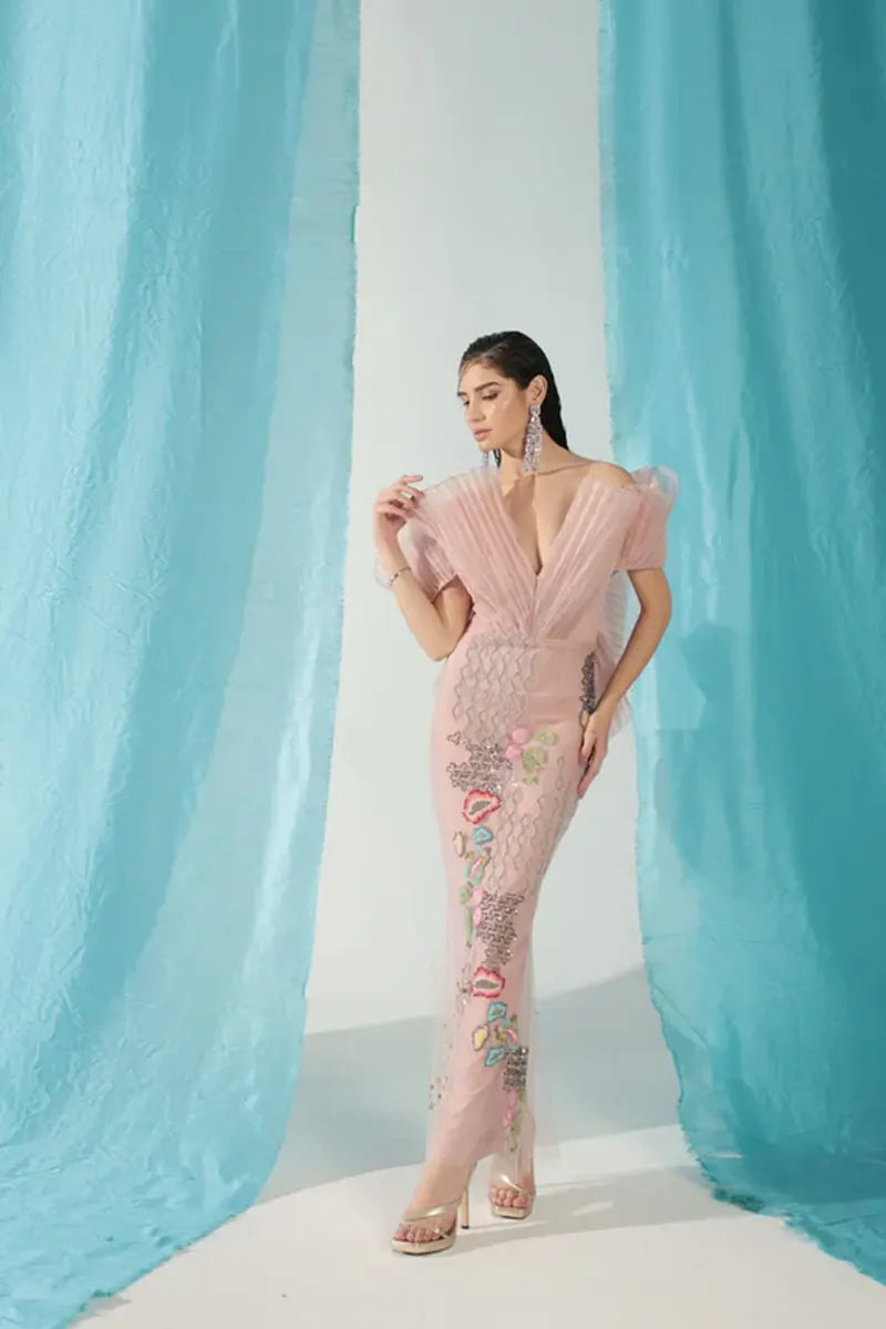 Rose Quartz Pleated Off Shoulder Gown