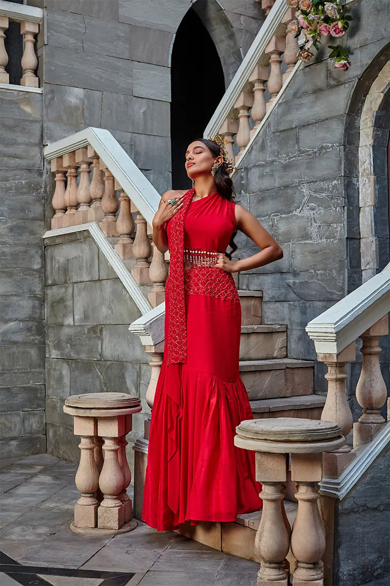 Scarlet Red Georgette Skirt Set