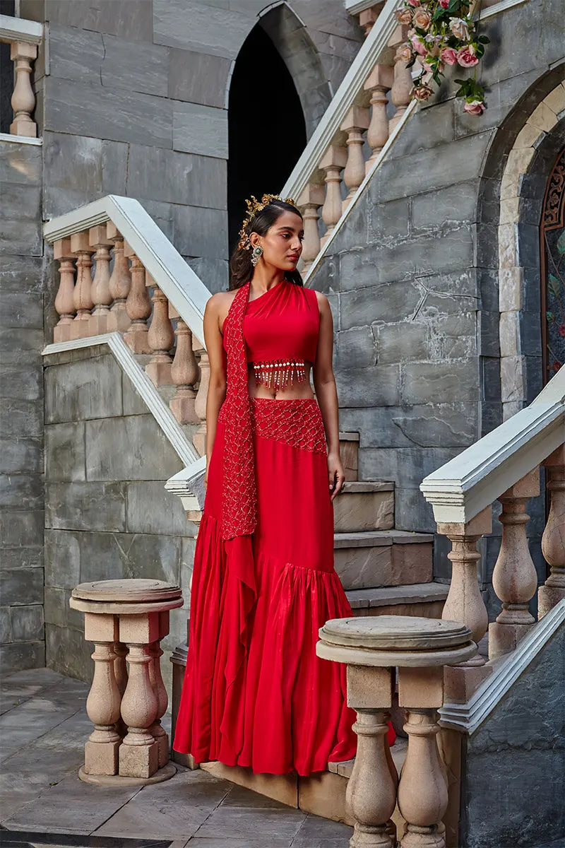 Scarlet Red Georgette Skirt Set