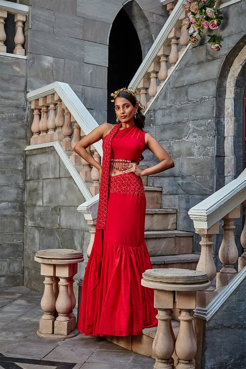 Scarlet Red Georgette Skirt Set