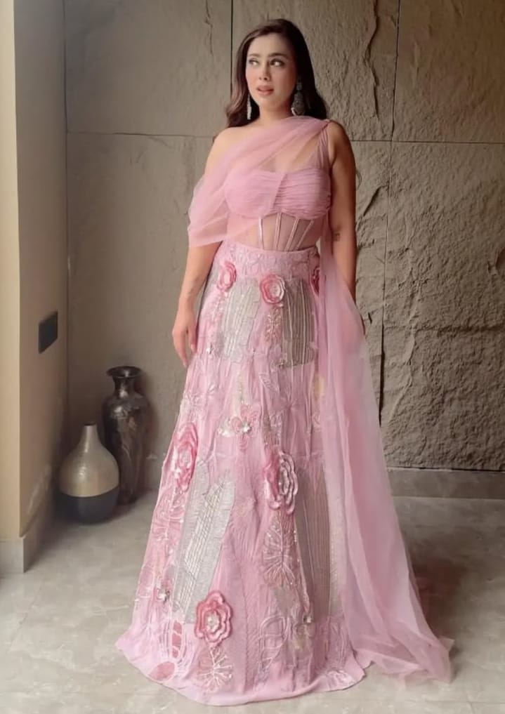 Light Rose Pink Embroidered Lehenga Set