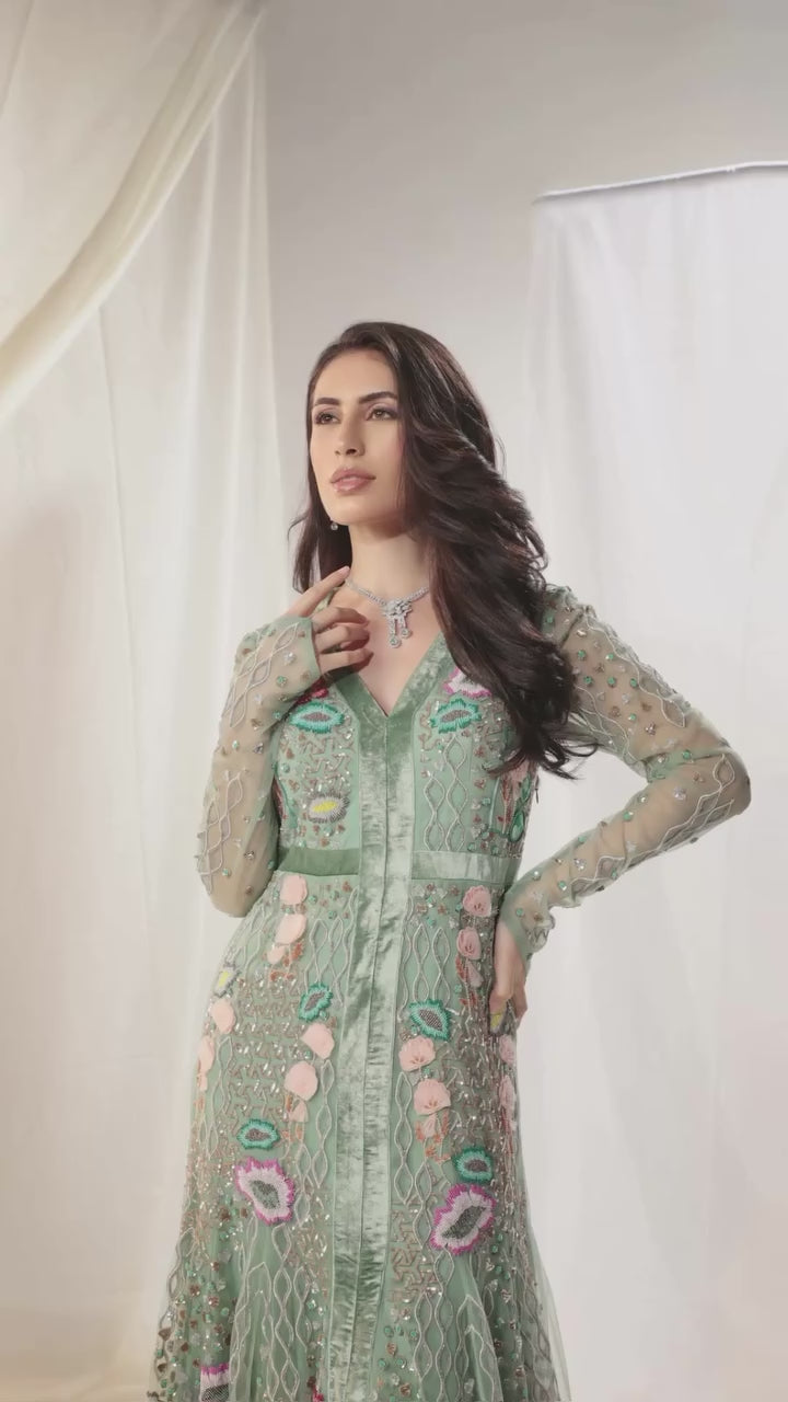 Aqua Blue Jigsaw Hearts Embroidered Gown