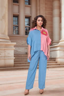 Half-and-half vibrant color-blocked co-ord set