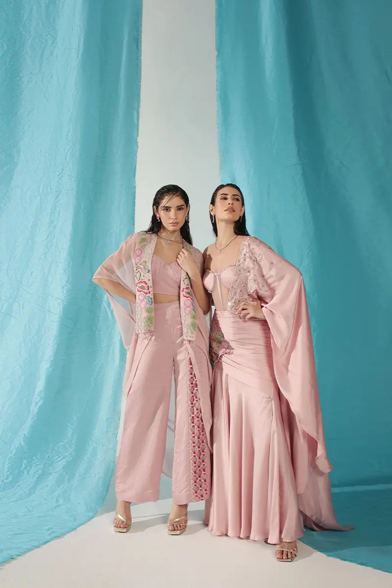 Rose Quartz Embroidered Cape With Pant Set