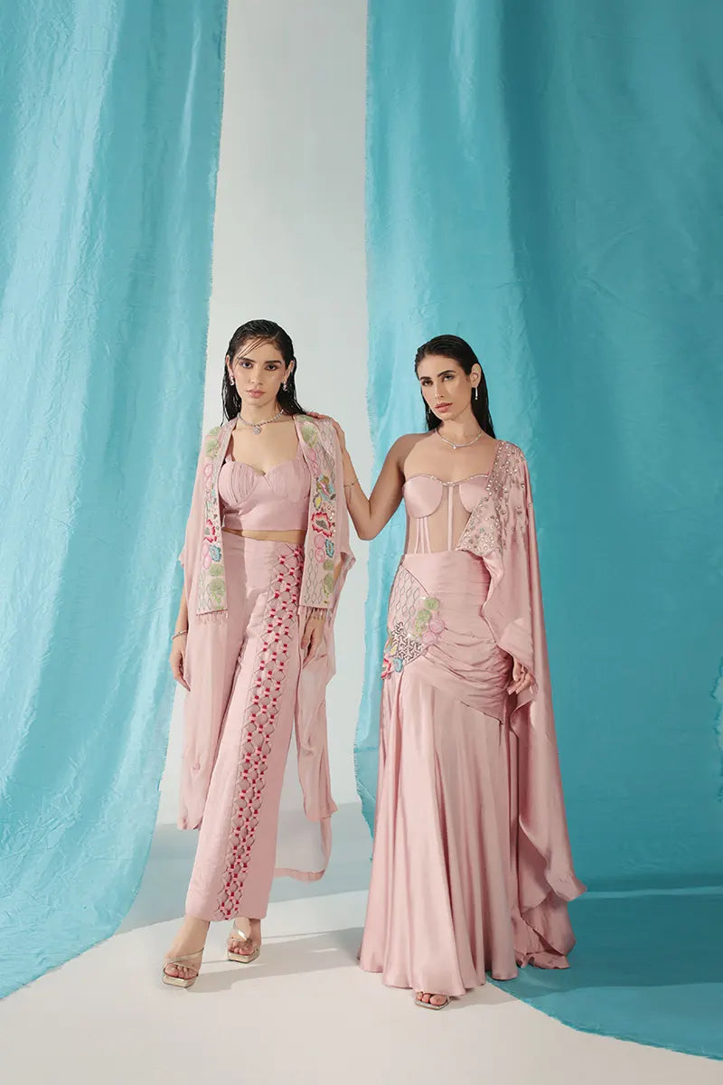 Rose Quartz Embroidered Cape With Pant Set