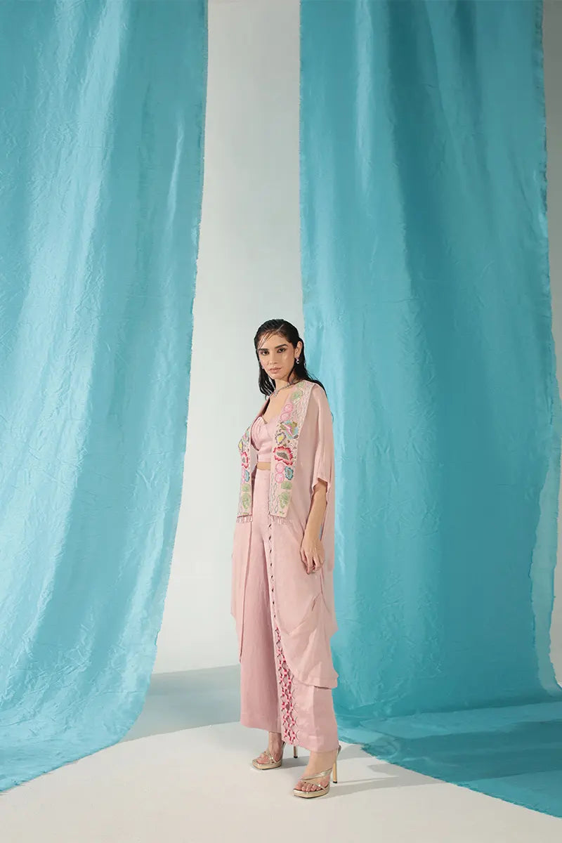 Rose Quartz Embroidered Cape With Pant Set
