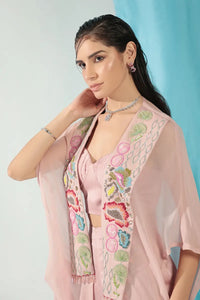 Rose Quartz Embroidered Cape With Pant Set