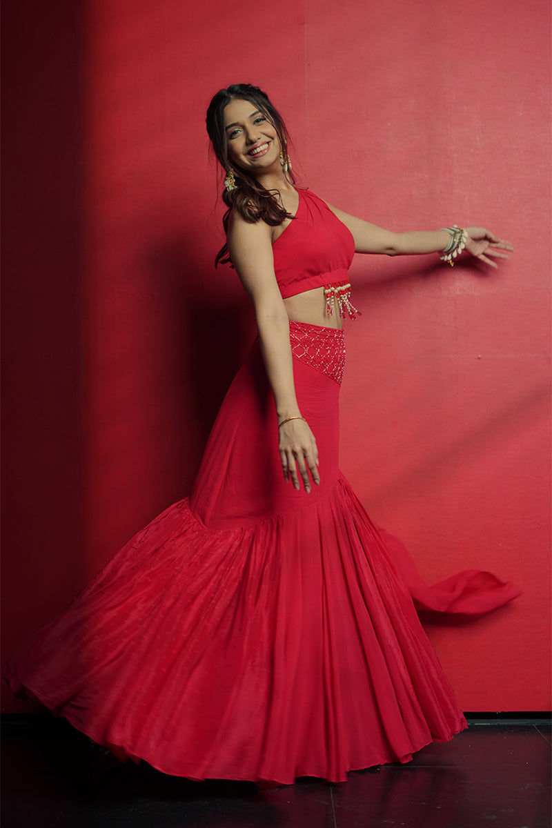 Divya Aggarwal in Scarlet Red Georgette Skirt Set