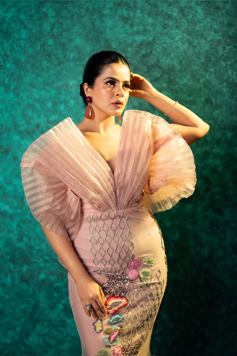 Jigyasa in Rose Quartz Pleated Off Shoulder Gown (Copy)