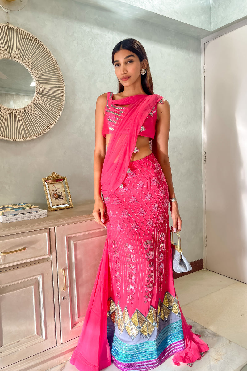 Juhi in Hot Pink Embroidered Draped Saree Set