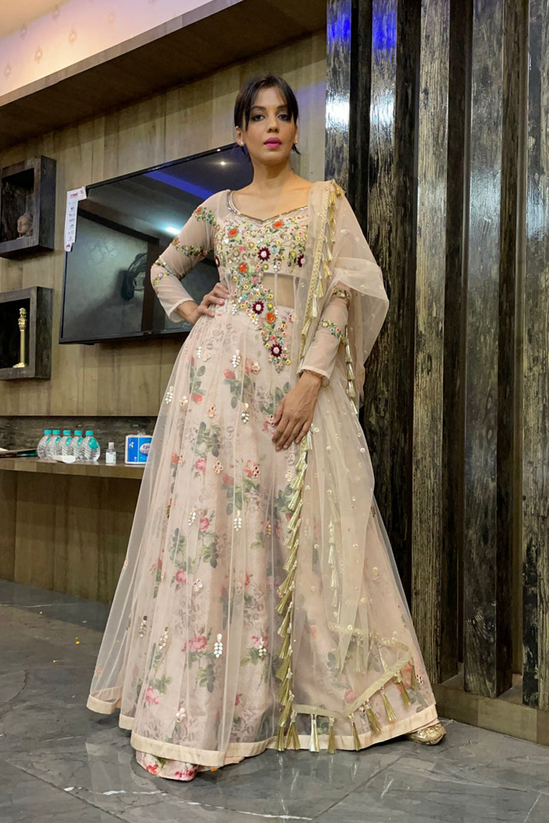 Mugdha in Nude Embroidered & Floral Printed Lehenga Set
