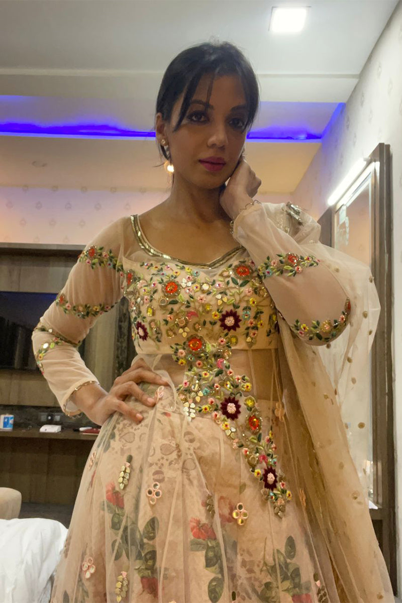 Mugdha in Nude Embroidered & Floral Printed Lehenga Set