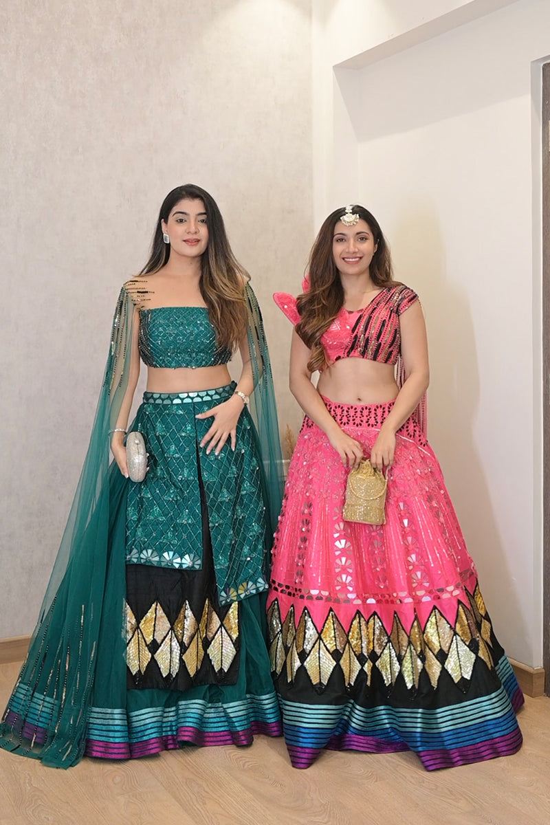 CISTER & CO in Emerald Green Embroidered Flared Lehenga Set