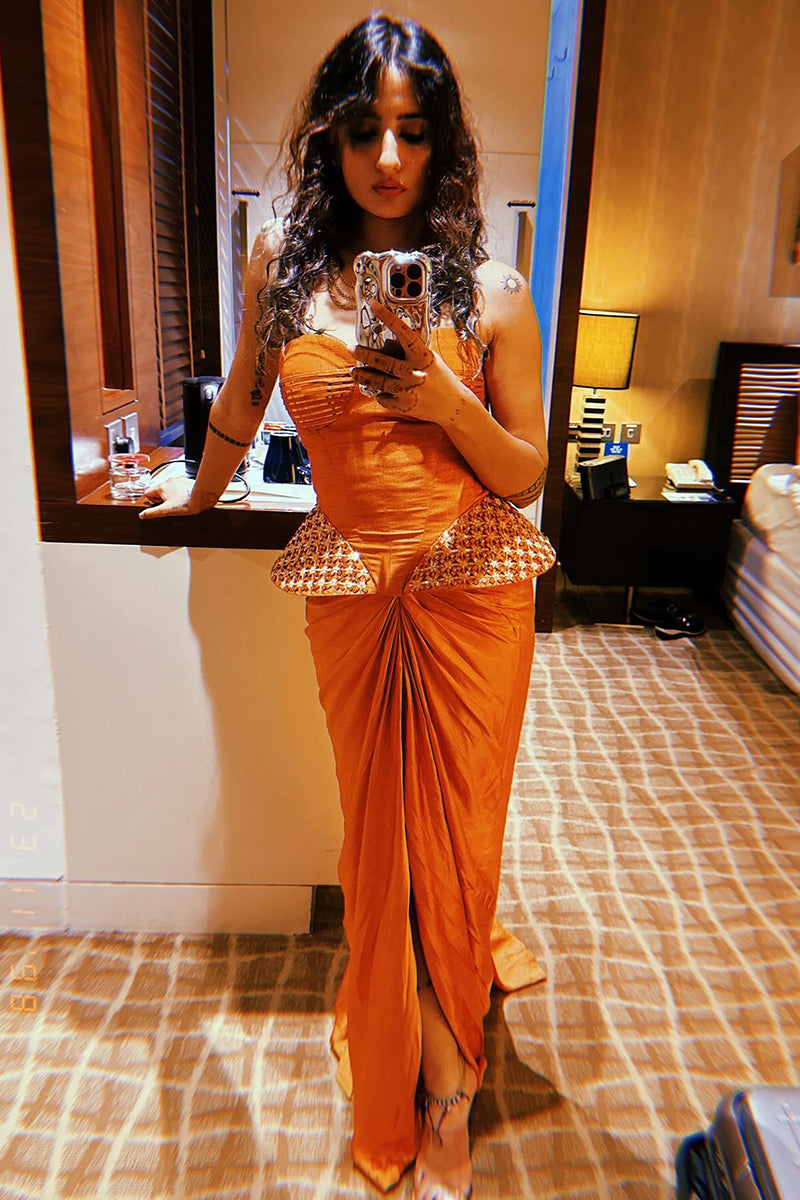Rashmeet in Apricot Corset Skirt Set