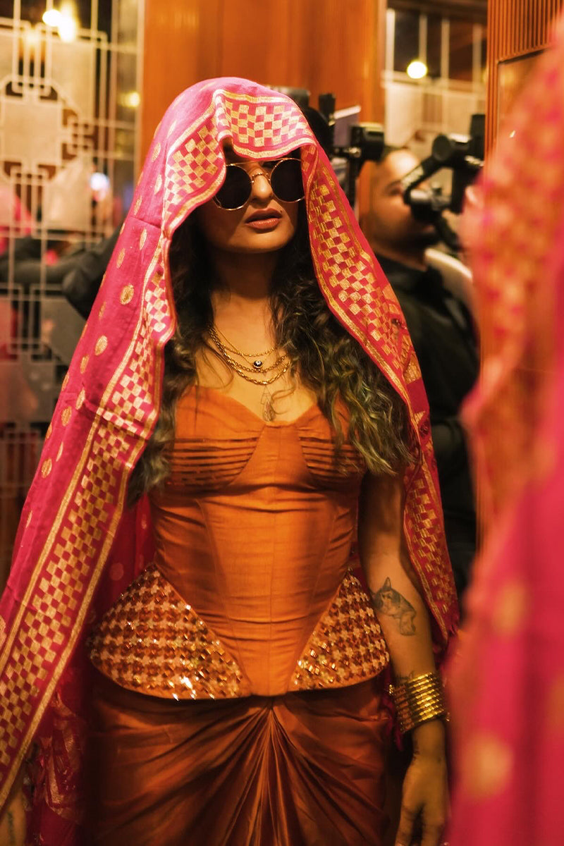 Rashmeet in Apricot Corset Skirt Set
