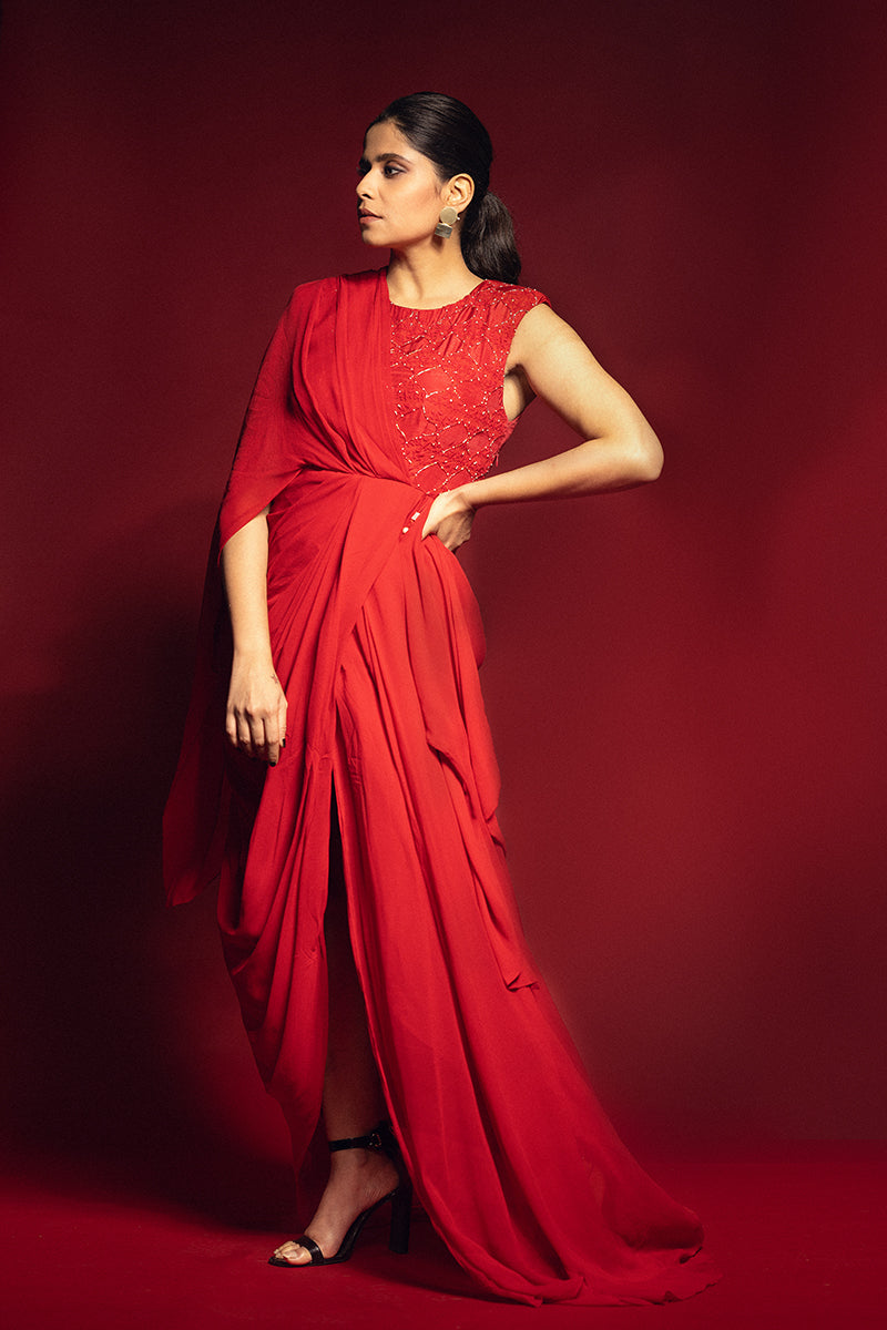 Saie in Scarlet Red Draped Dress