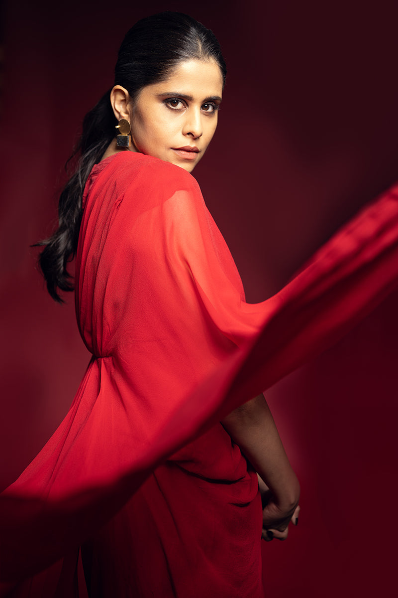 Saie in Scarlet Red Draped Dress