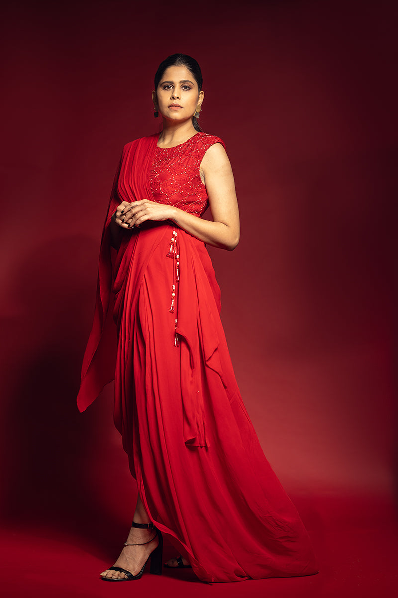 Saie in Scarlet Red Draped Dress