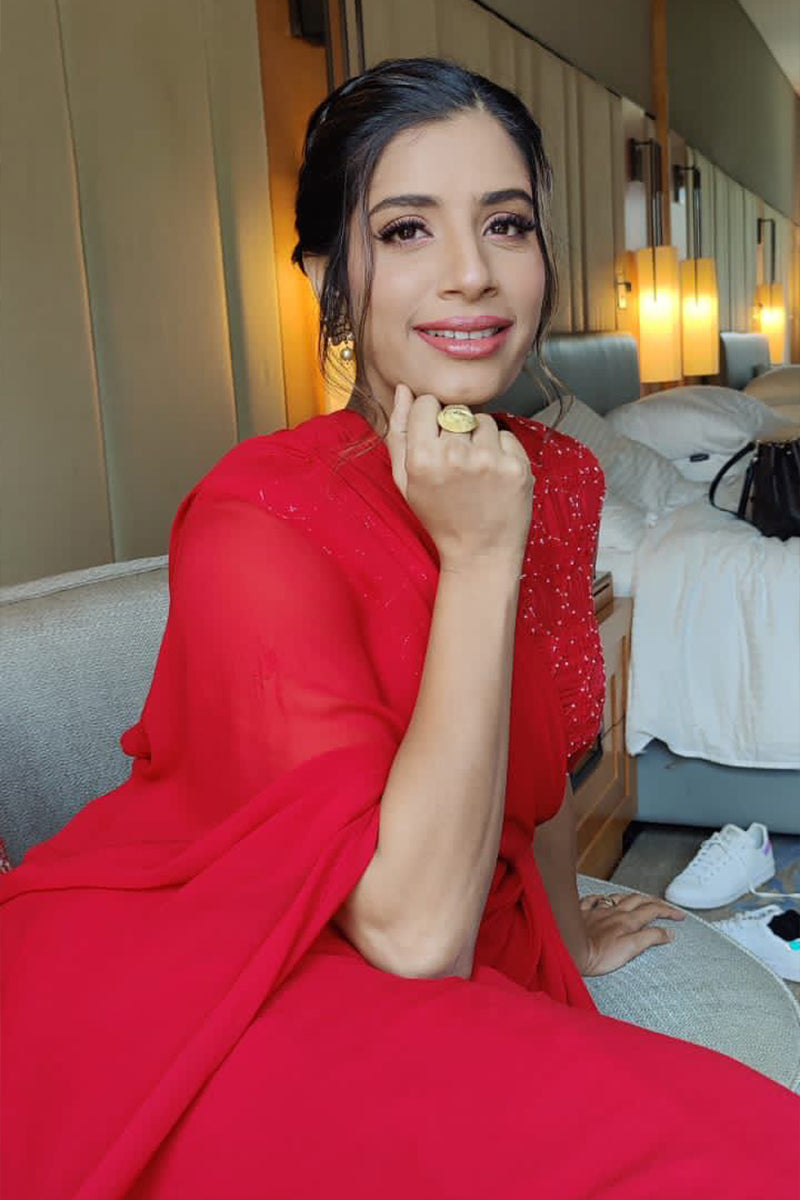 VJ Gaelyn in Scarlet Red Draped Dress