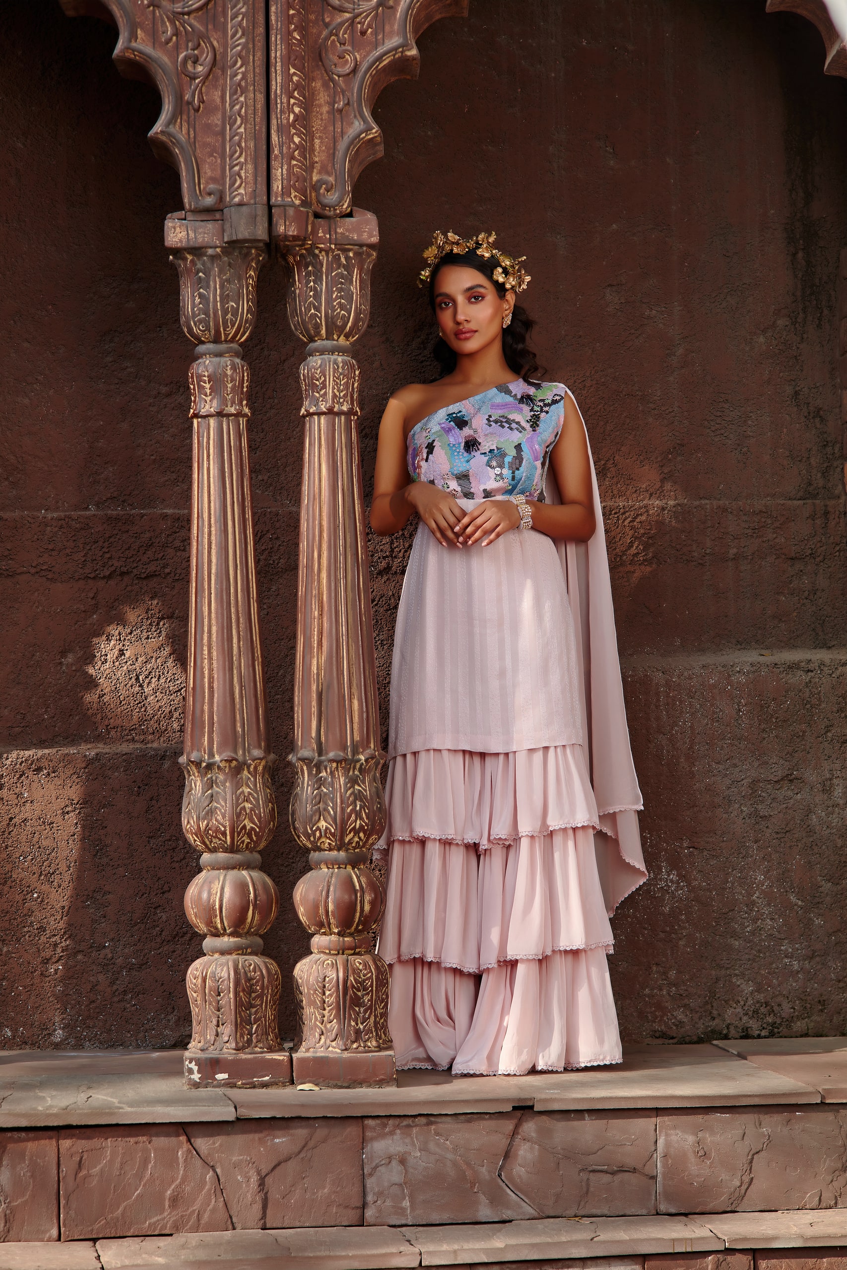 Paint the town in pastels, in this gorgeous off-shoulder sharara set.